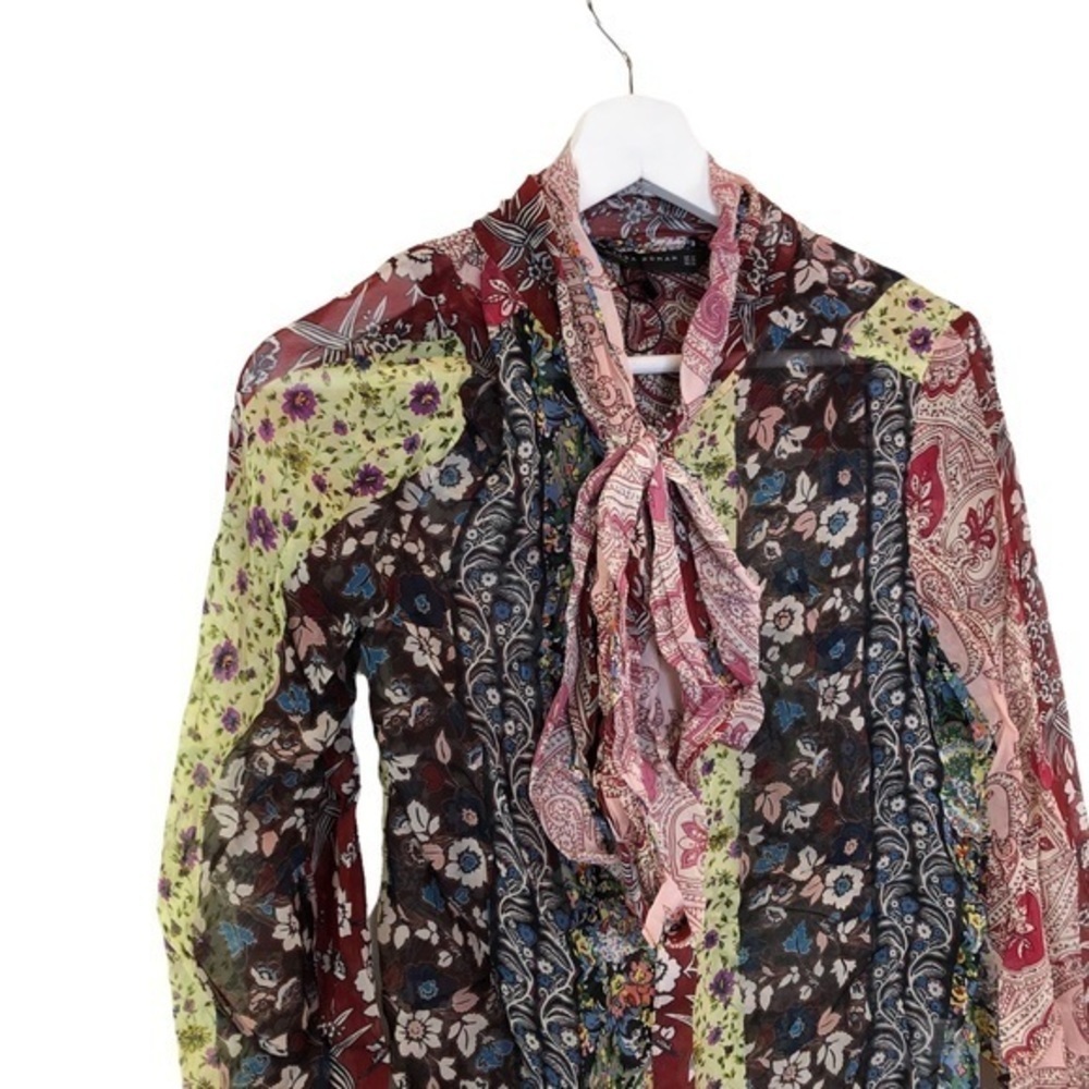 Zara Patchwork Printed Bow Neck Chiffon Long Slee… - image 5